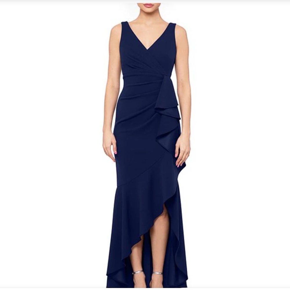 Betsy & Adam Sleeveless V-Neck Spiral Ruffle Cascade Gown 8